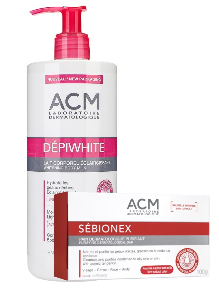 ACM Laboratoire dermatologique Dark Spots & Oily Skin Control Set – ACM Depiwhite Body Milk 500ml + Sébionex Purifying Dermatological Soap | Brightening & Sebum-Regulating Skincare Duo - Image 1
